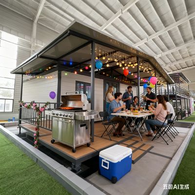 Rozkładany dom kontenerowy 20ft z podwójnym skrzydłem, rozkładany, zasilany napięciem 220V, z jednym wyłącznikiem różnicowoprądowym 32 i elementami giętymi ze stali 2,0 mm