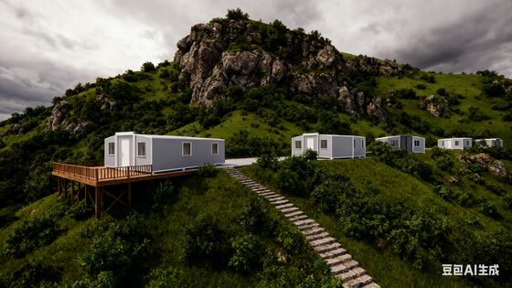 40-stopowy rozkładany dom kontenerowy o powierzchni 72 metrów kwadratowych, z wykończeniem wnętrza panelami drewnopodobnymi PVC i łazienką z oddzieleniem strefy suchej i mokrej